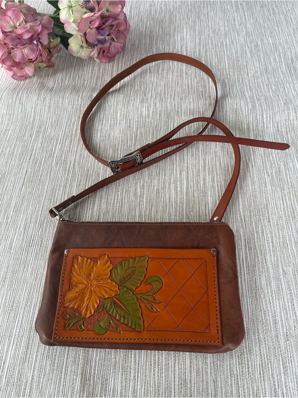 Handcrafted Brown Tooled Leather Crossbody Floral Western Bag Removable Straps